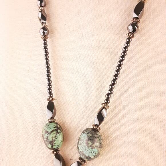 Turquoise Large Stone Hematite Necklace Faceted Beads Baubles Handmade Nice! - Picture 5 of 7